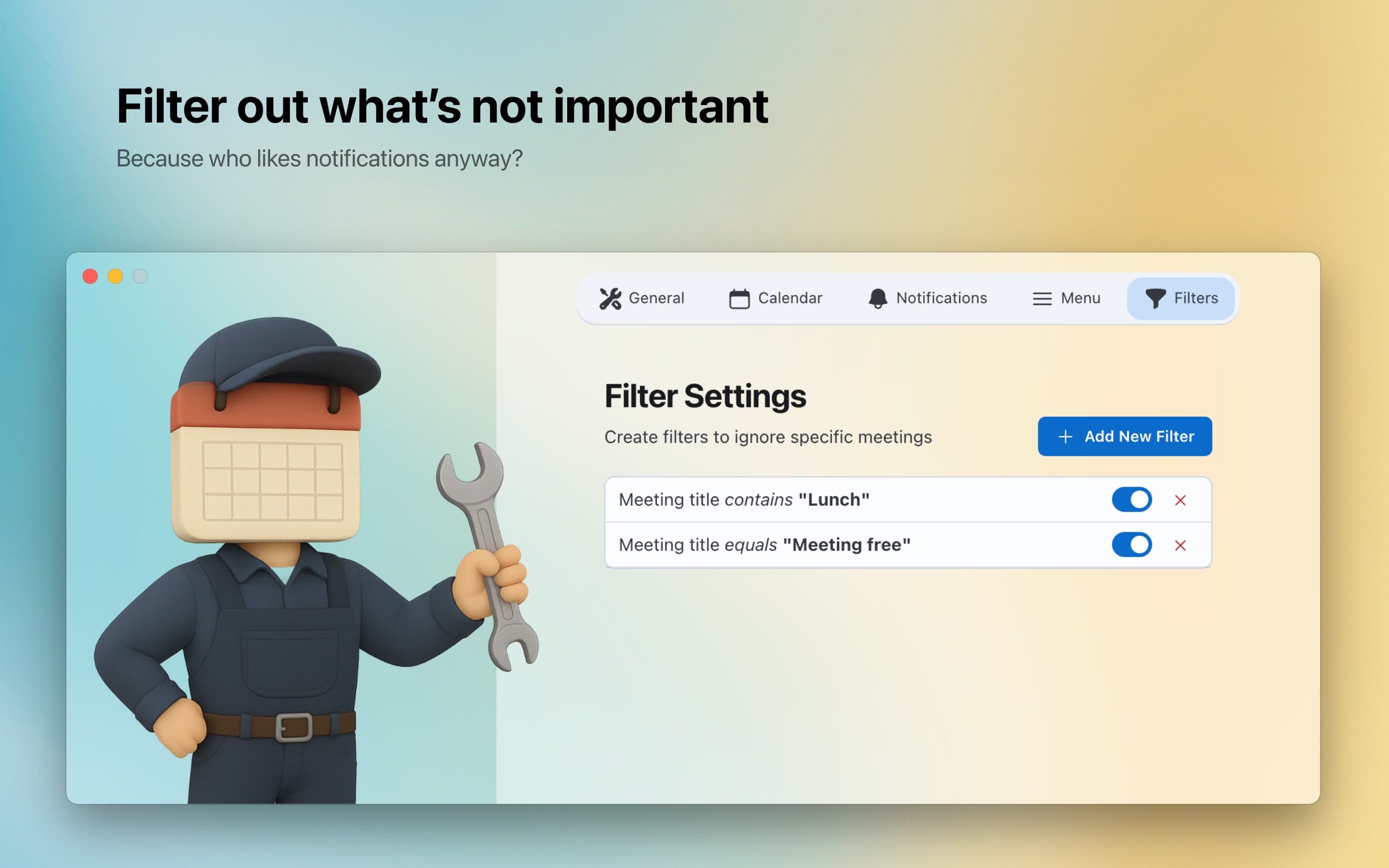 Yellendar filter settings for choosing which events trigger alerts